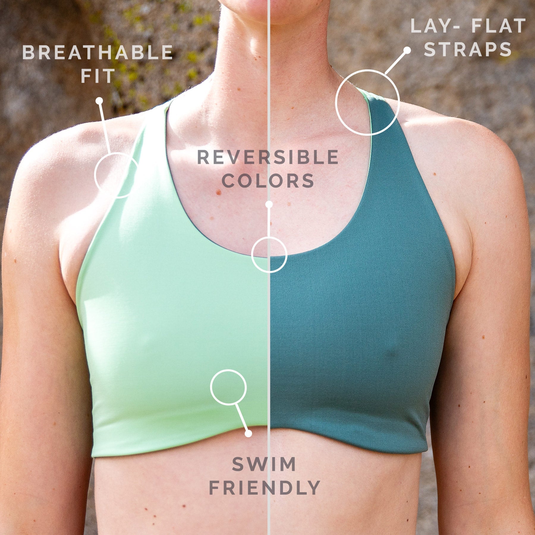 Top view of woman wearing high cut toura sports bra in two shades of green, identifying breathable fit, Lay-flat straps, swim friendly and reversible colors attributes of item.