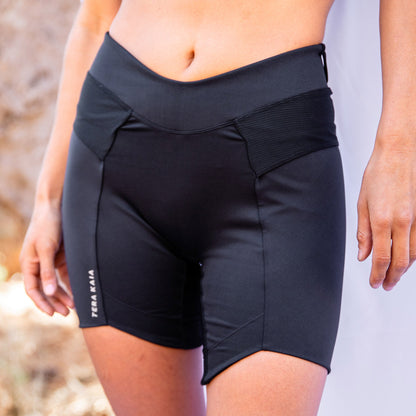 Front closup view of black toura short on model.