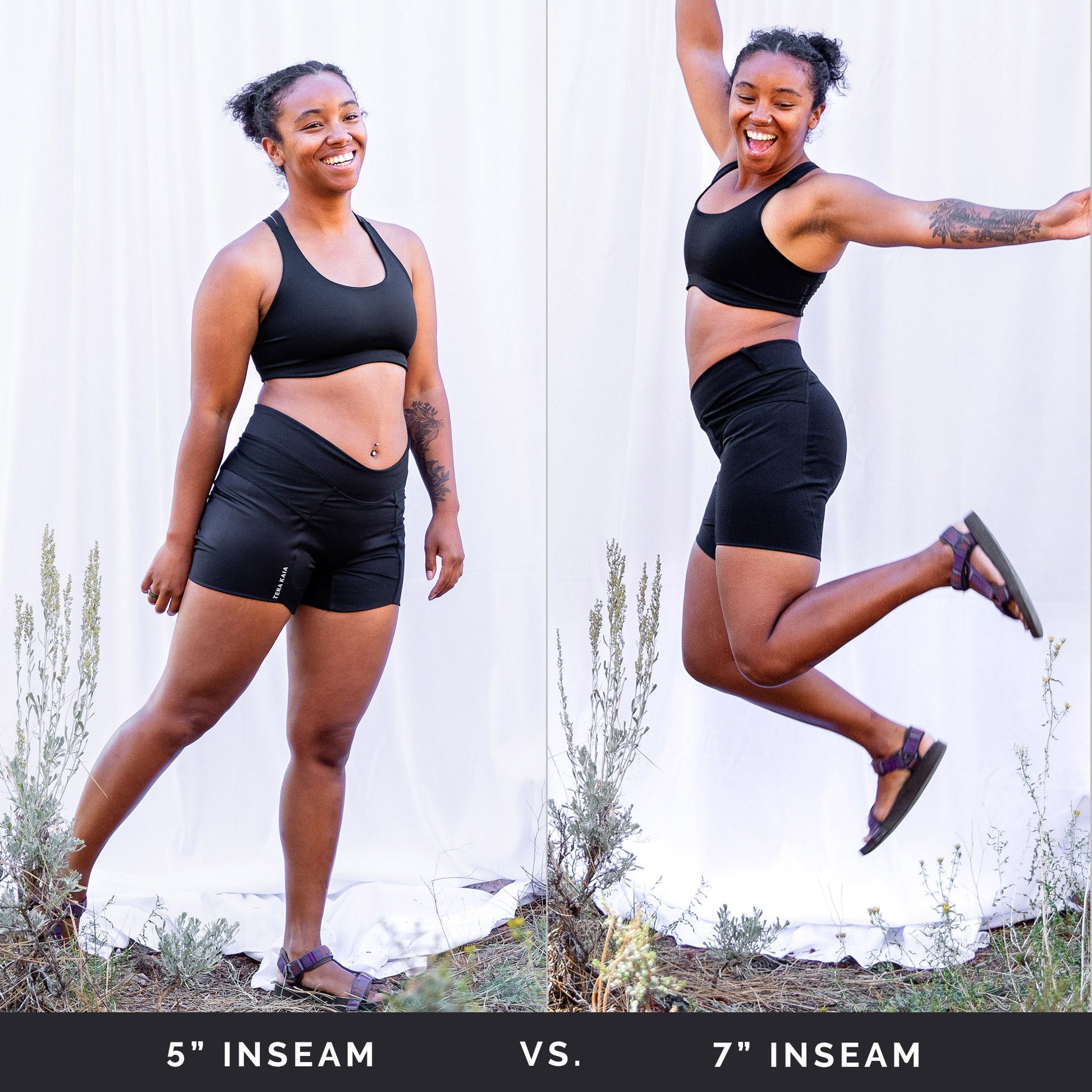2 views of woman model in black toura short. First view woman standing with right leg stretched behind, wearing 5" inseam version.  Second view woman jumping in air with arms outstretched wearing 7" inseam version.