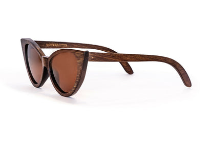 Side view of Bamboo frame cat eye sunglasses with dark brown frame and lenses.