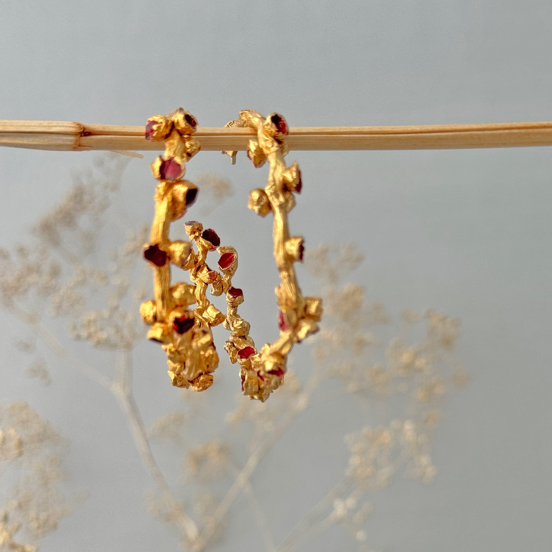 Pair of red and gold hoop earrings hanging on branch.